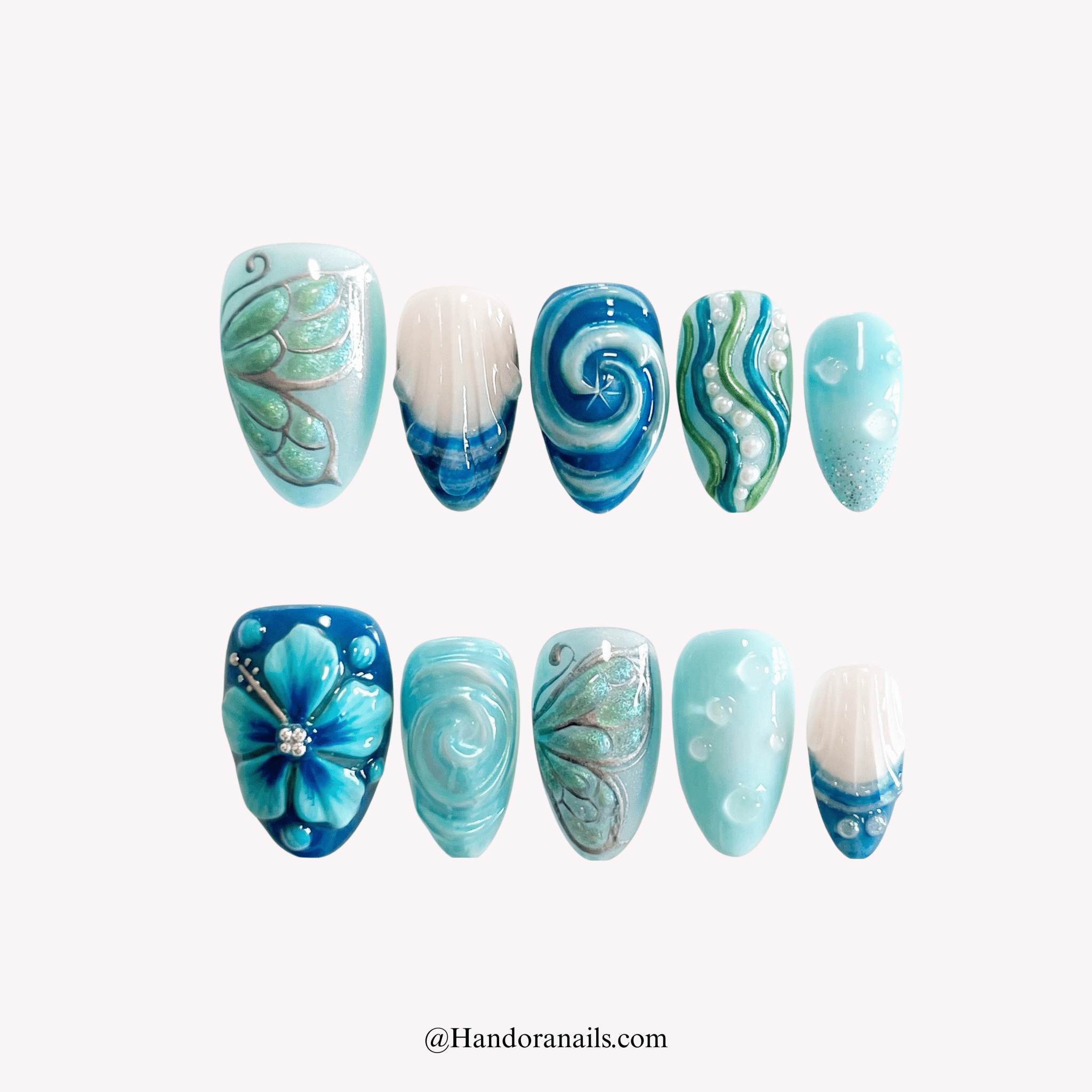 Oceanic Serenity blue almond press-on nails by Handora
