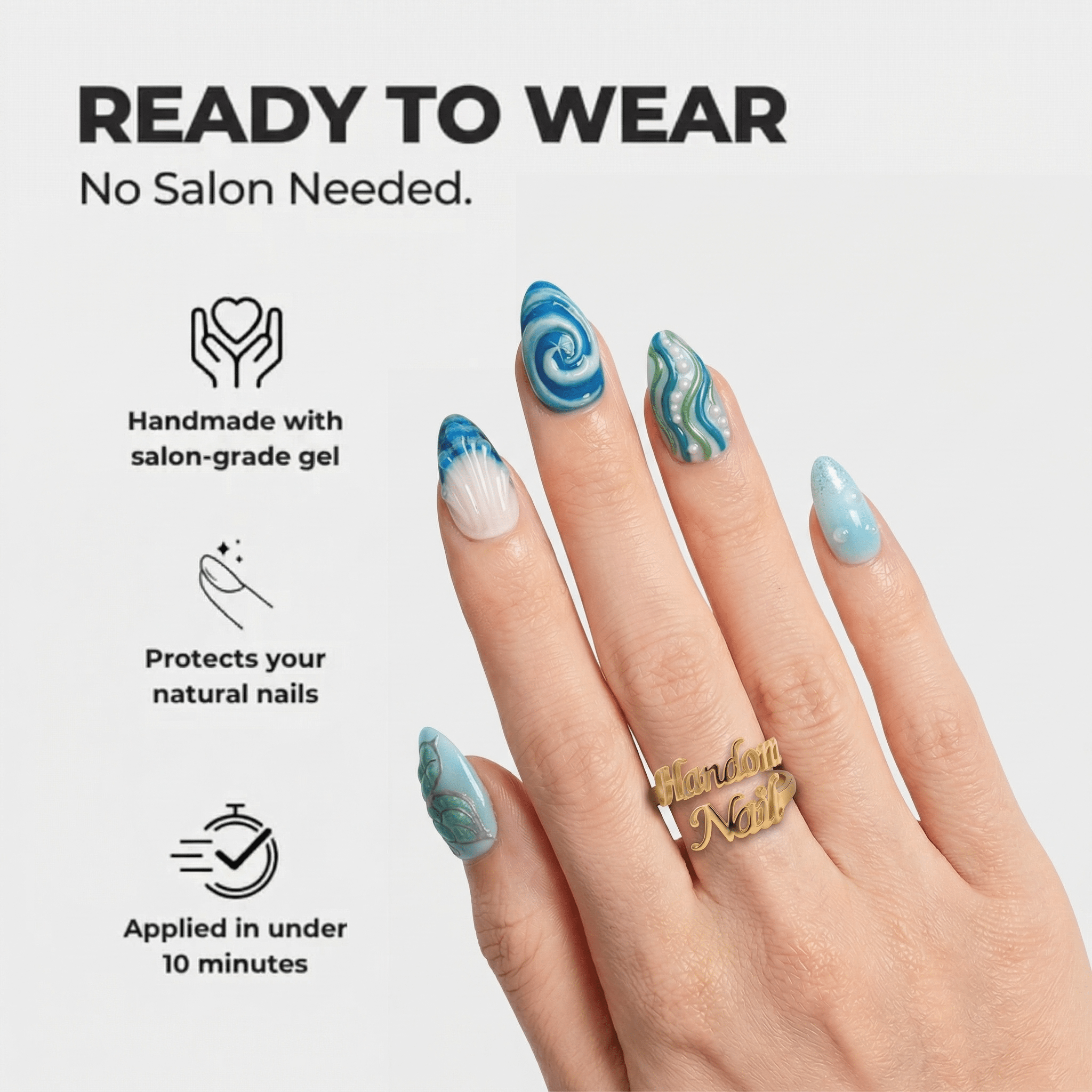 Oceanic Serenity almond press-on nails – design close-up by Handora