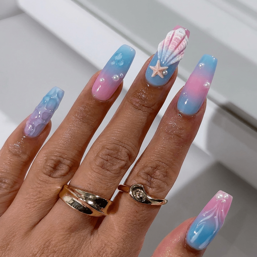 Oceanic Shimmer cat eye nail design – handmade press-on nails by Handora