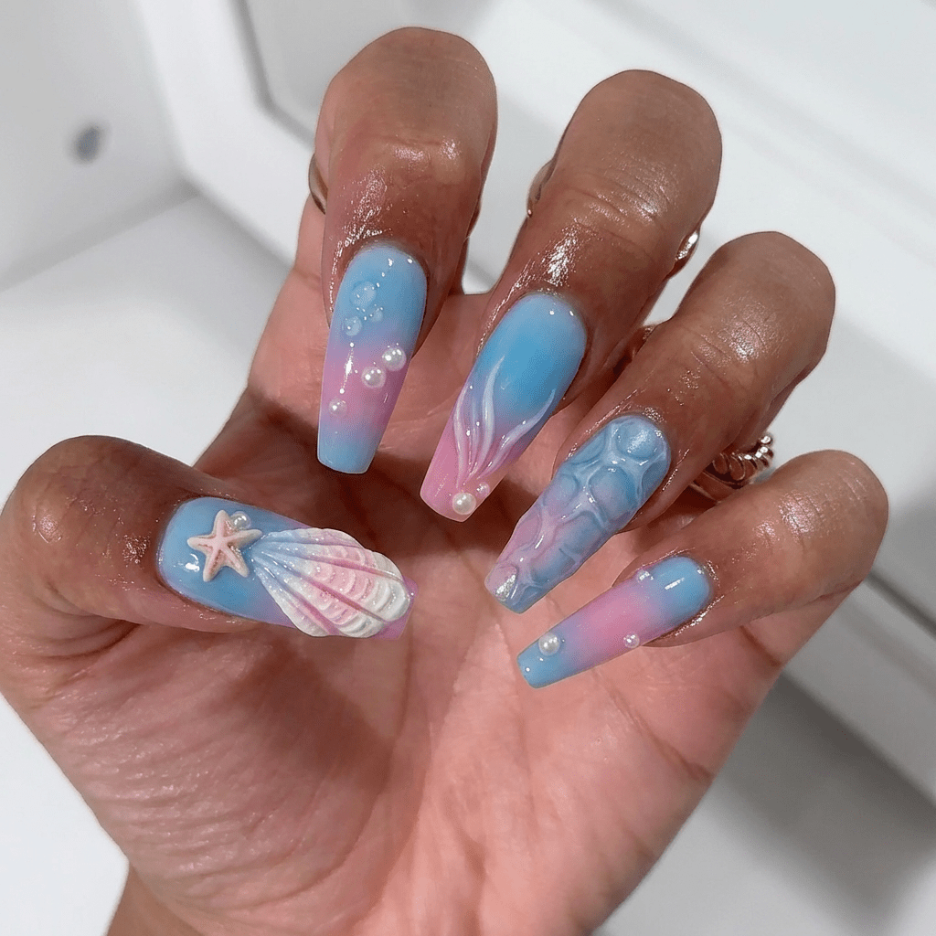 Oceanic Shimmer coffin press-on nails – design close-up by Handora