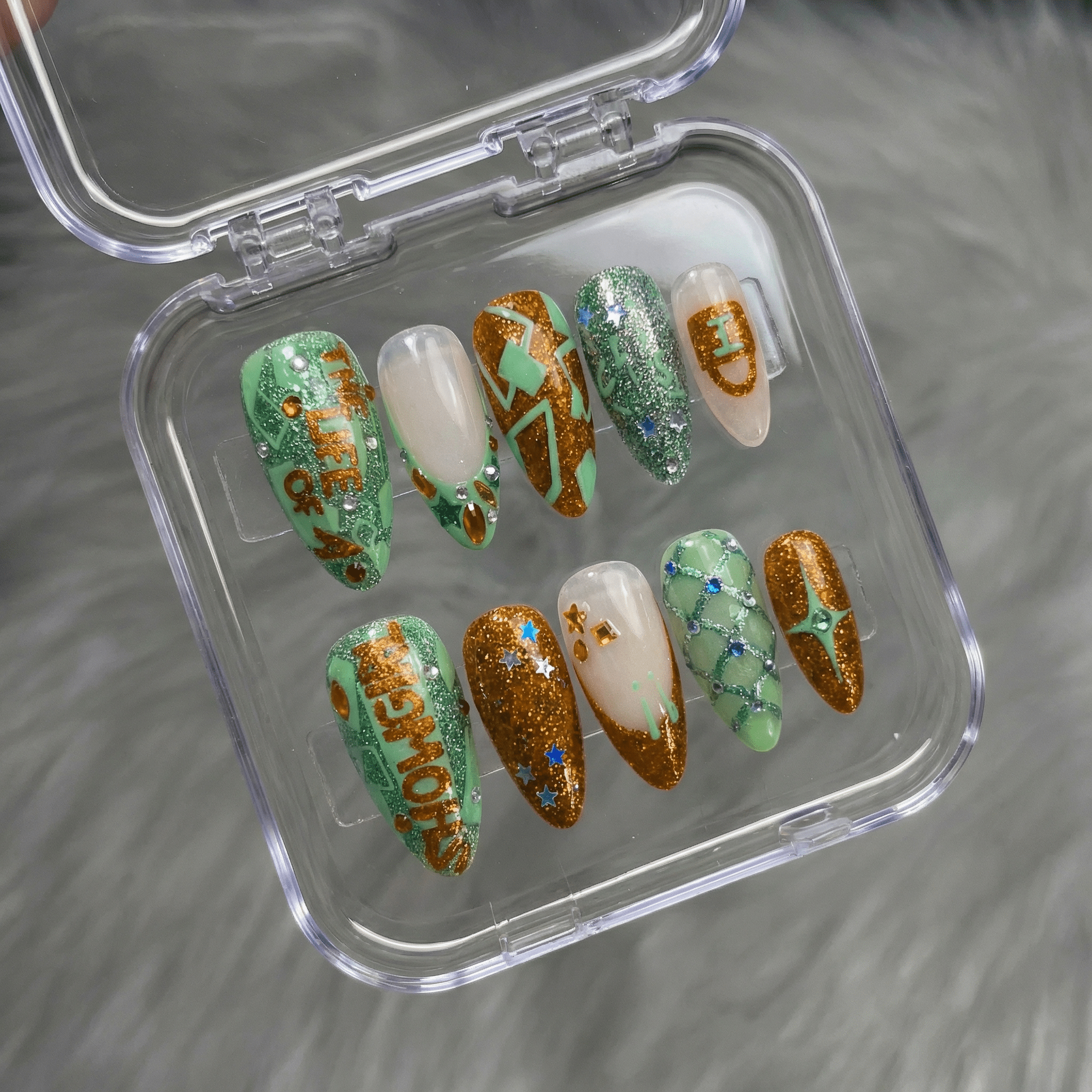 Opalite Stars nail design – handmade press-on nails by Handora