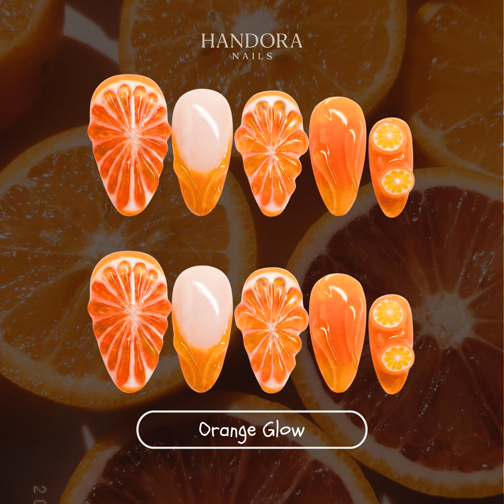 Orange Glow press-on nails – hand-painted reusable gel set by Handora