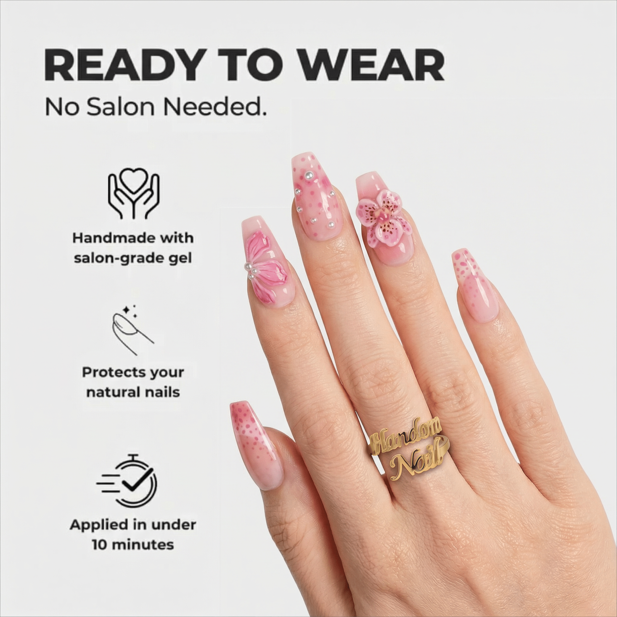 Orchid Bloom coffin press-on nails – design close-up by Handora