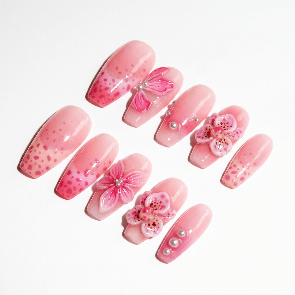 Orchid Bloom 3d nail design – handmade press-on nails by Handora