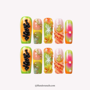 Papaya Bliss coffin press-on nails by Handora