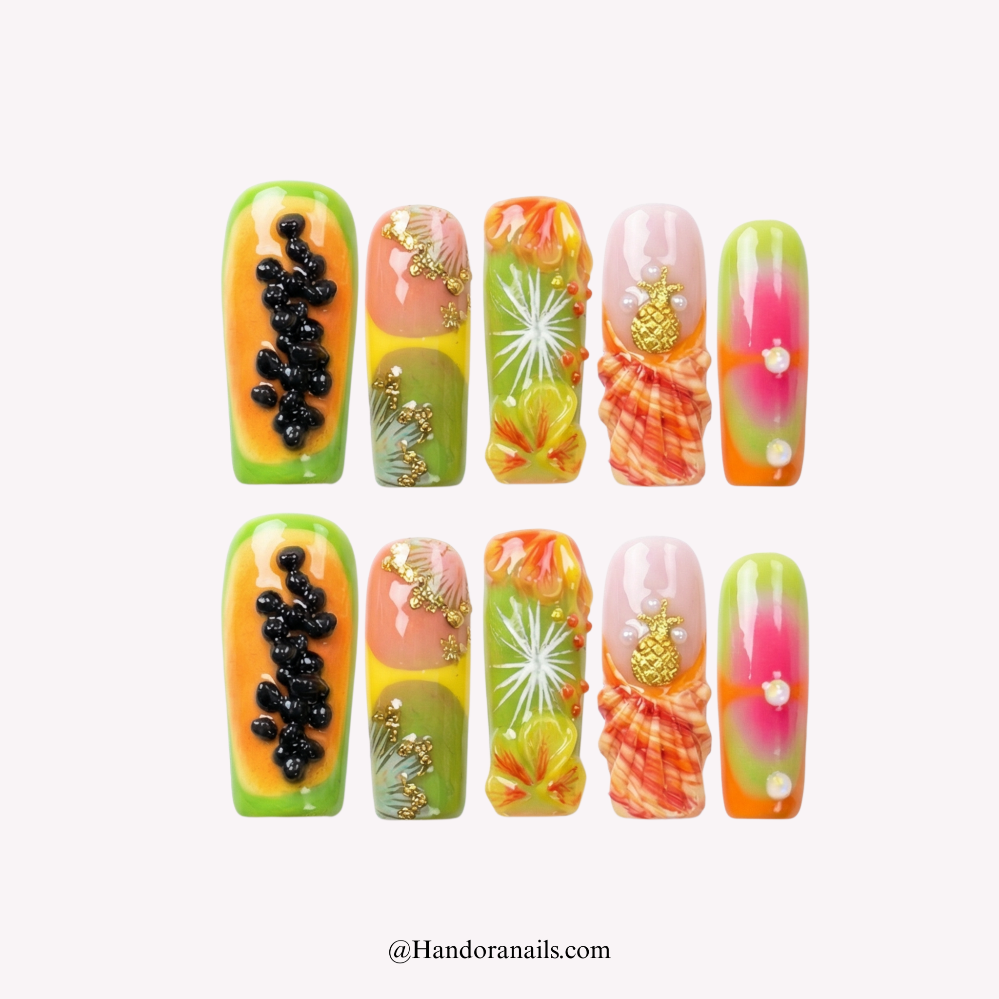 Papaya Bliss coffin press-on nails by Handora