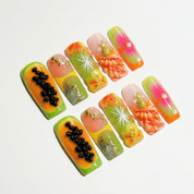 Papaya Bliss coffin press-on nails – design close-up by Handora