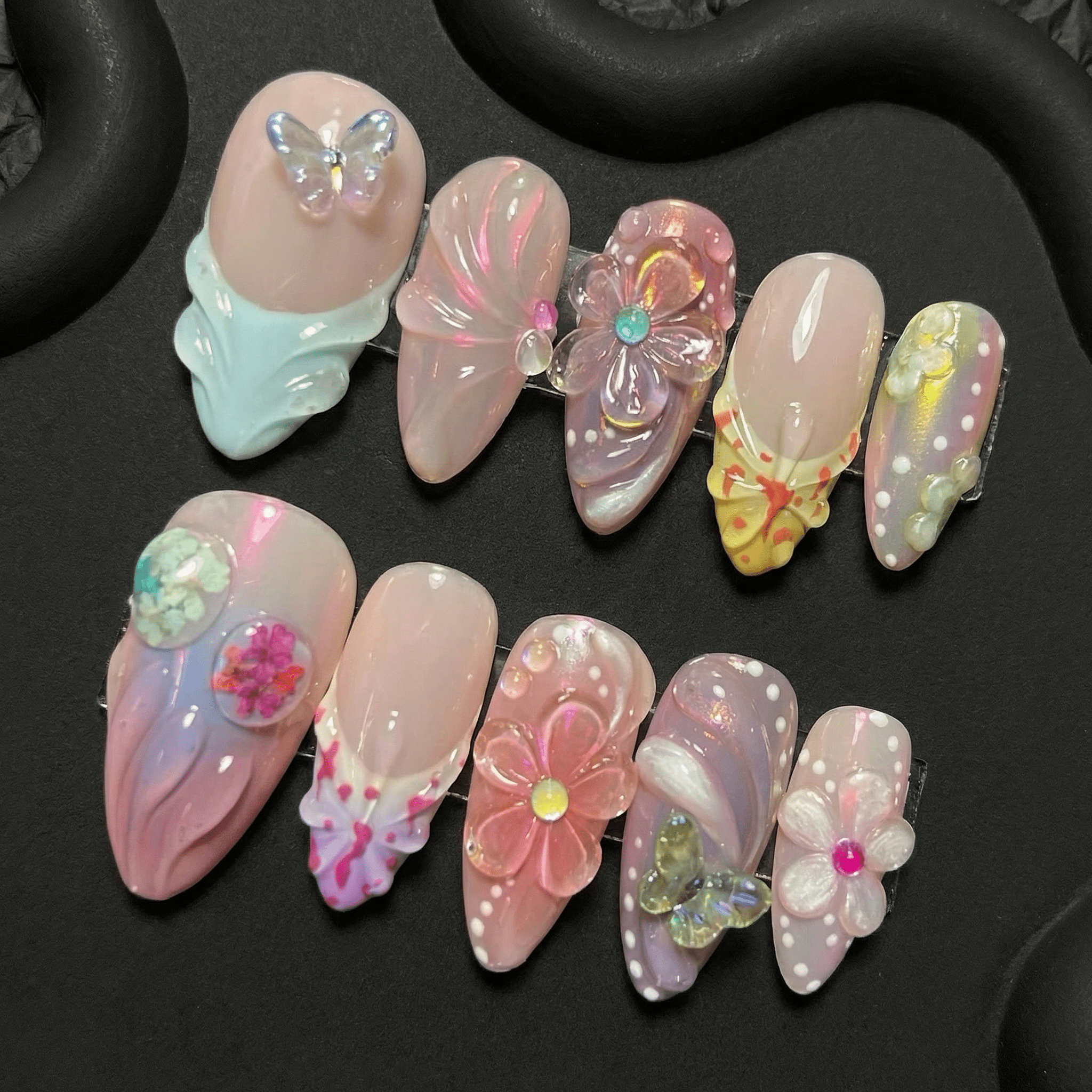 Pastel Garden press-on nails – hand-painted reusable gel set by Handora