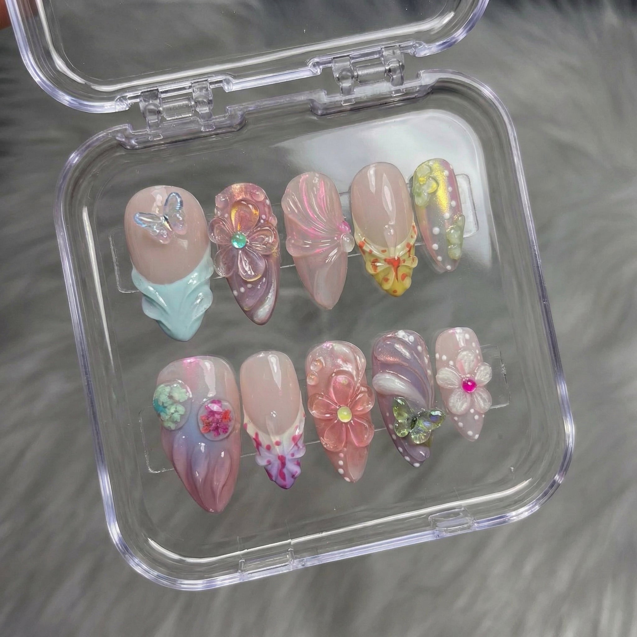 Pastel Garden press-on nails – design close-up by Handora