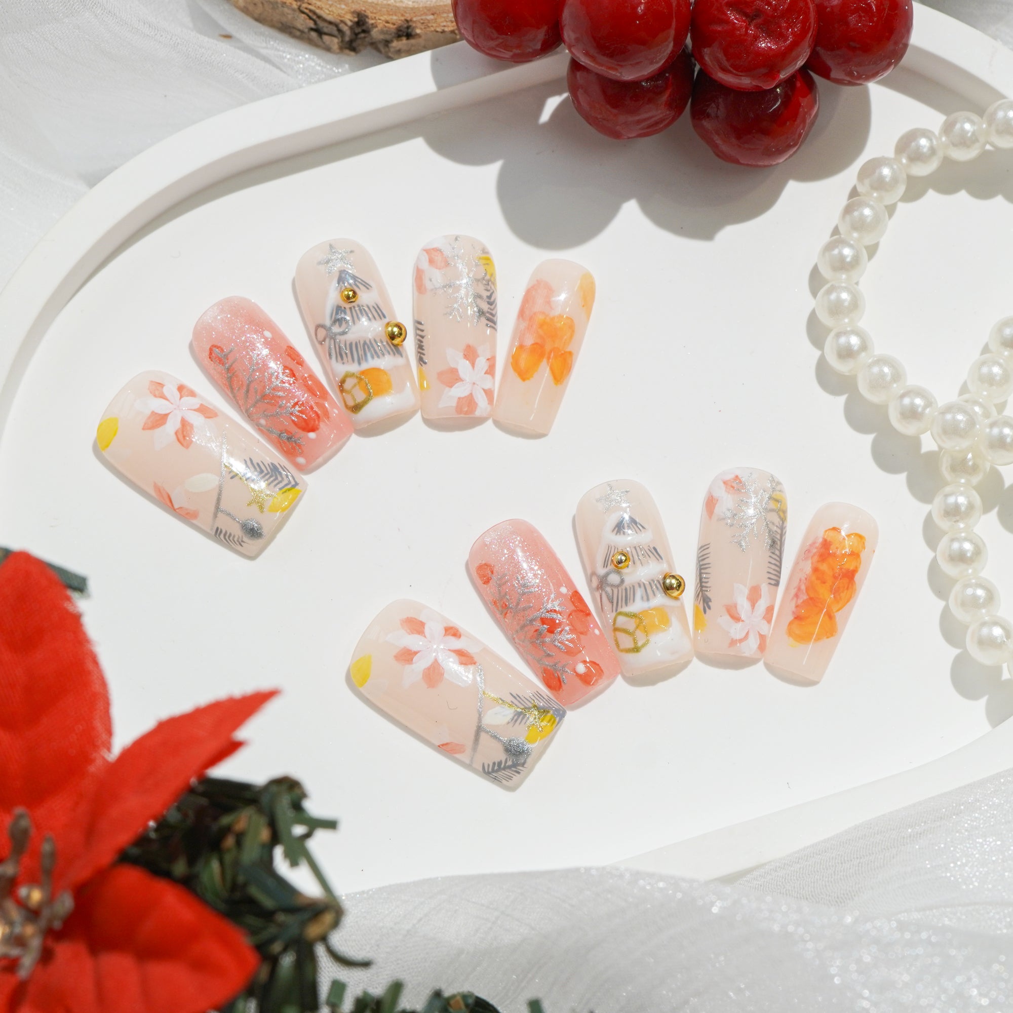 Peach Frost square 3d press-on nails by Handora