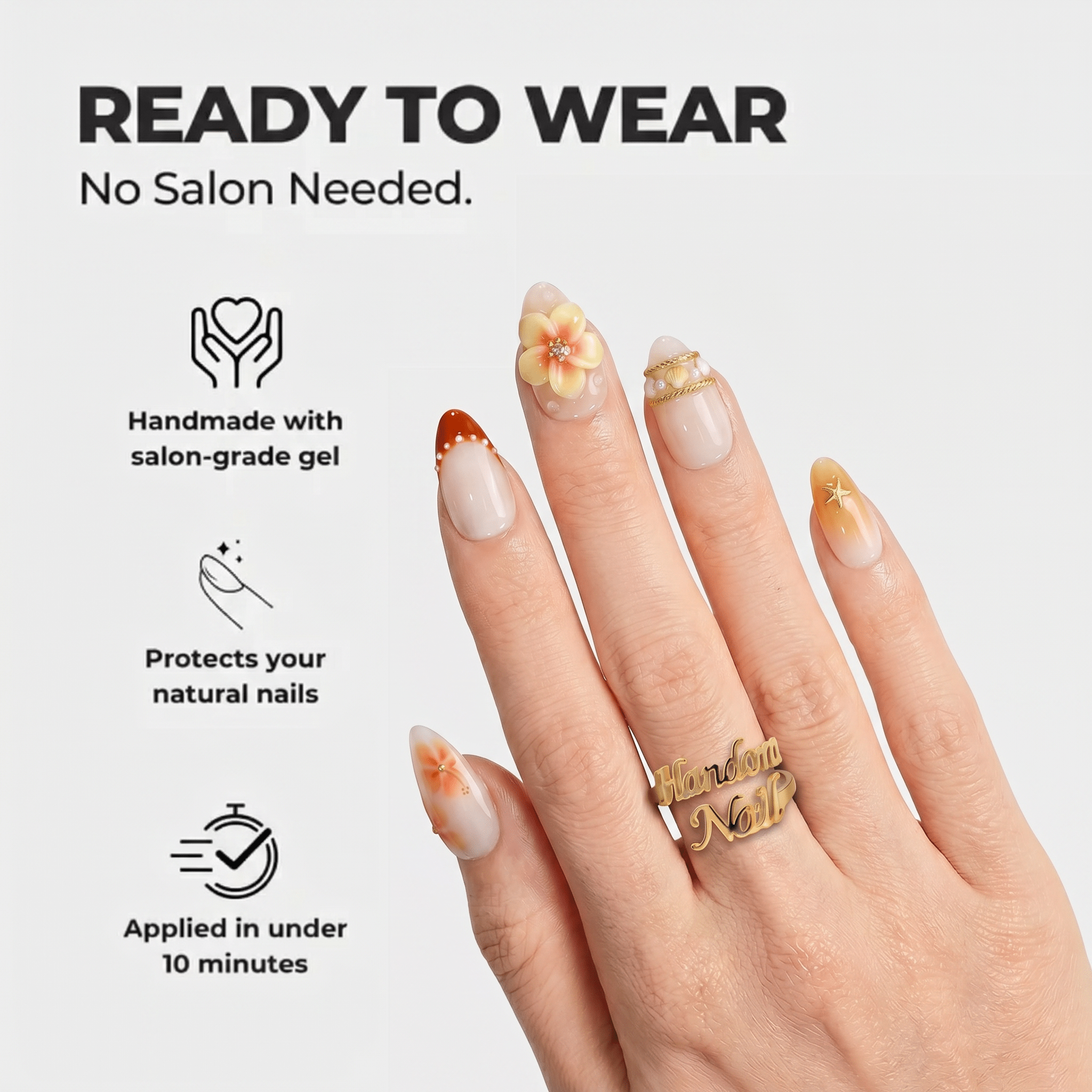 Peach Nectar press-on nails – design close-up by Handora