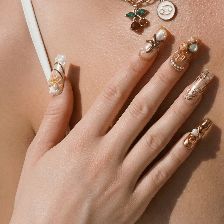Pearl Brown press-on nails worn on hand – almond shape by Handora