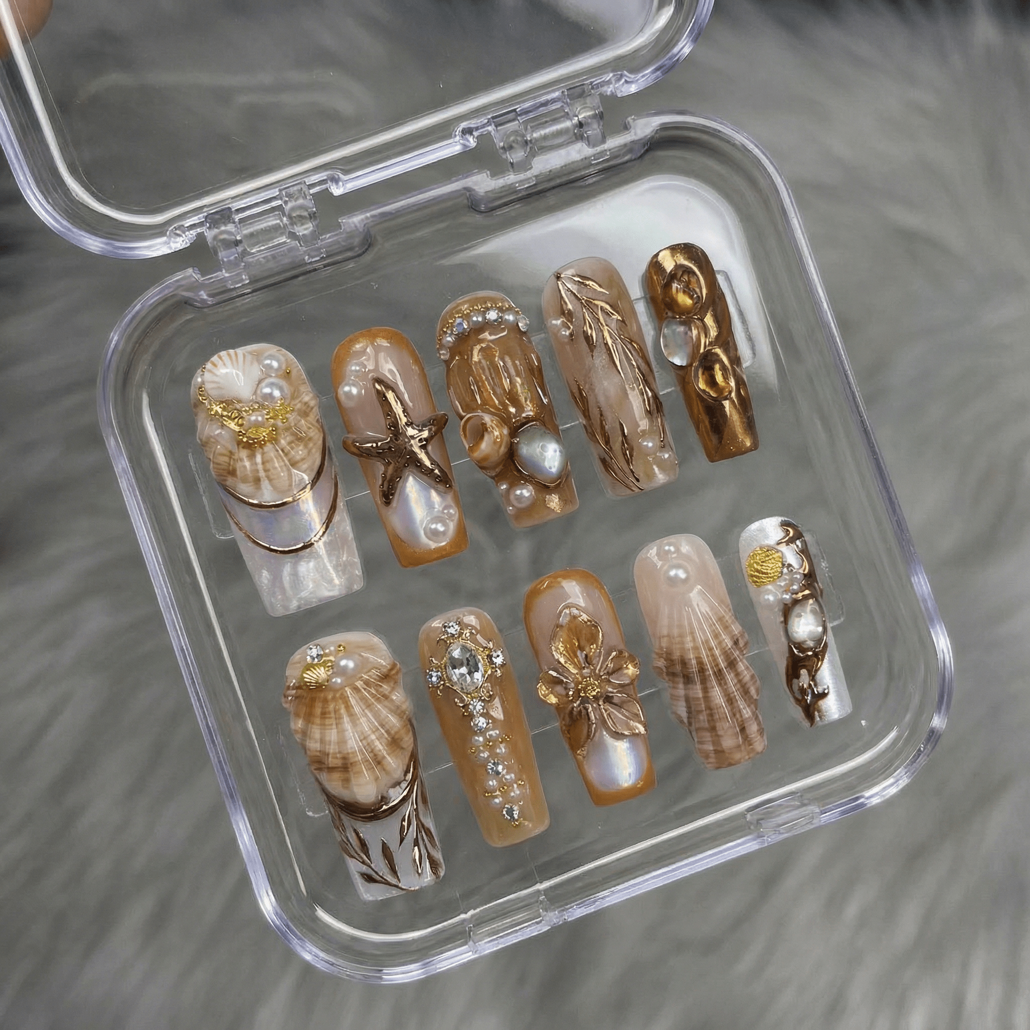 Pearl Brown white press-on nails by Handora