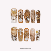 Pearl Brown white 3d press-on nails by Handora