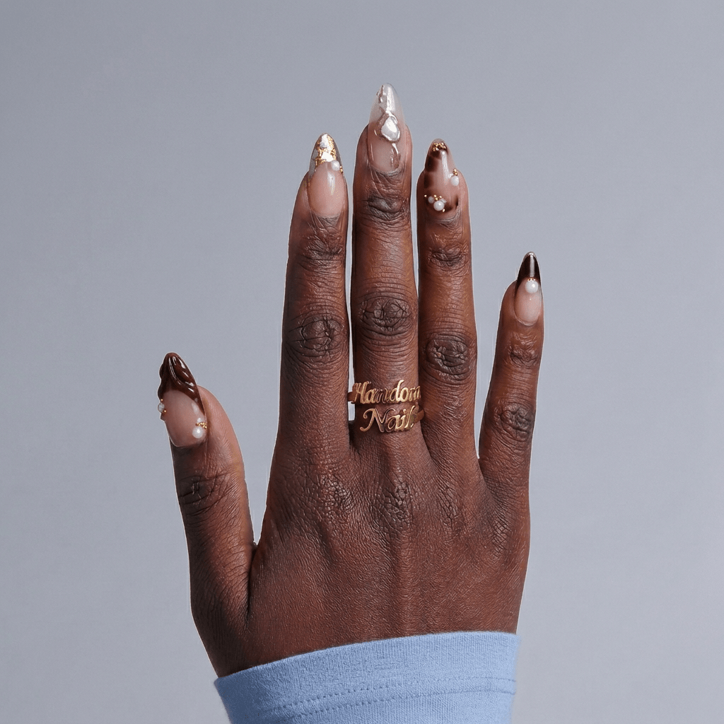 Pearl Glow autumn nail design – handmade press-on nails by Handora