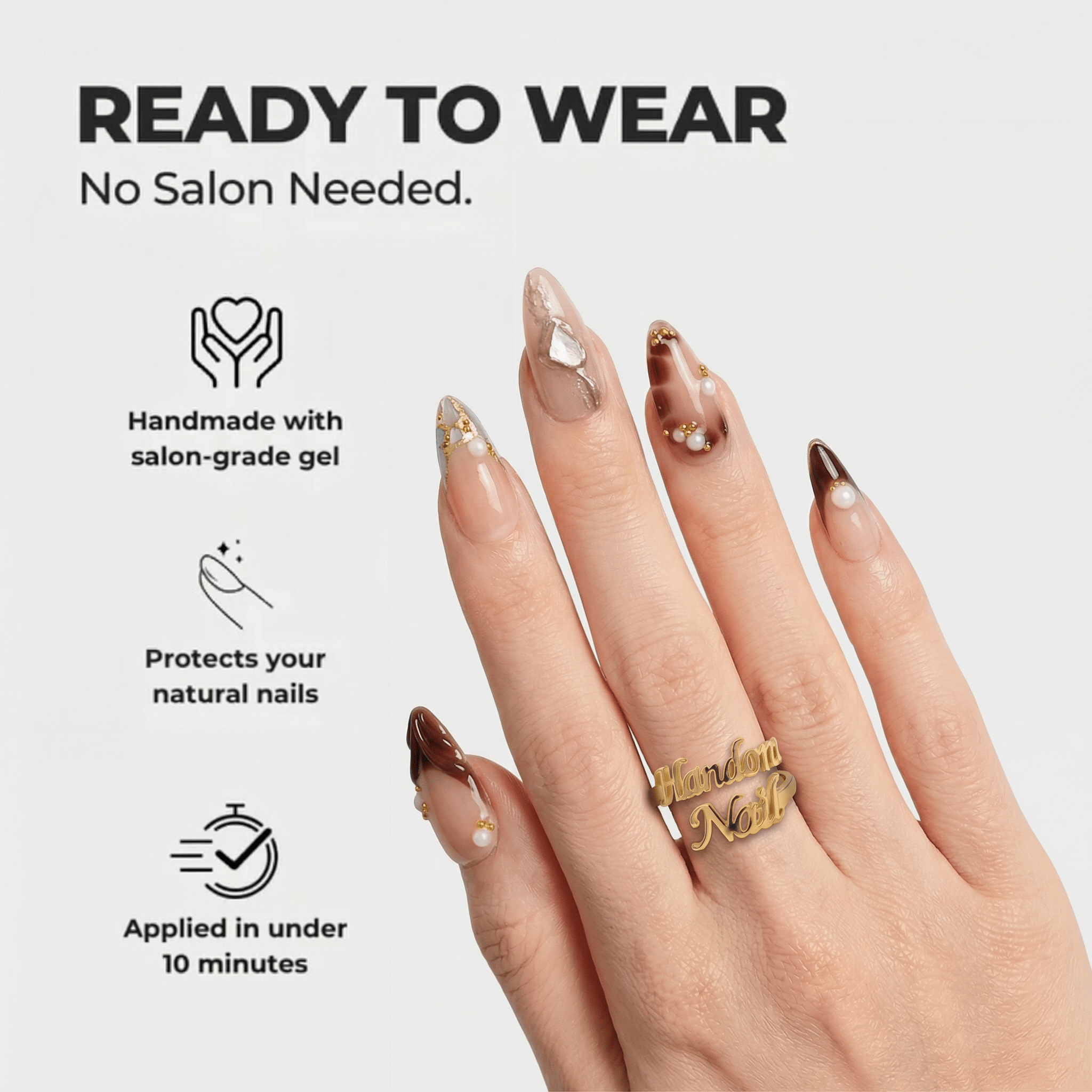 Pearl Glow press-on nails – hand-painted reusable gel set by Handora