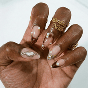 Pearl Glow almond press-on nails – design close-up by Handora