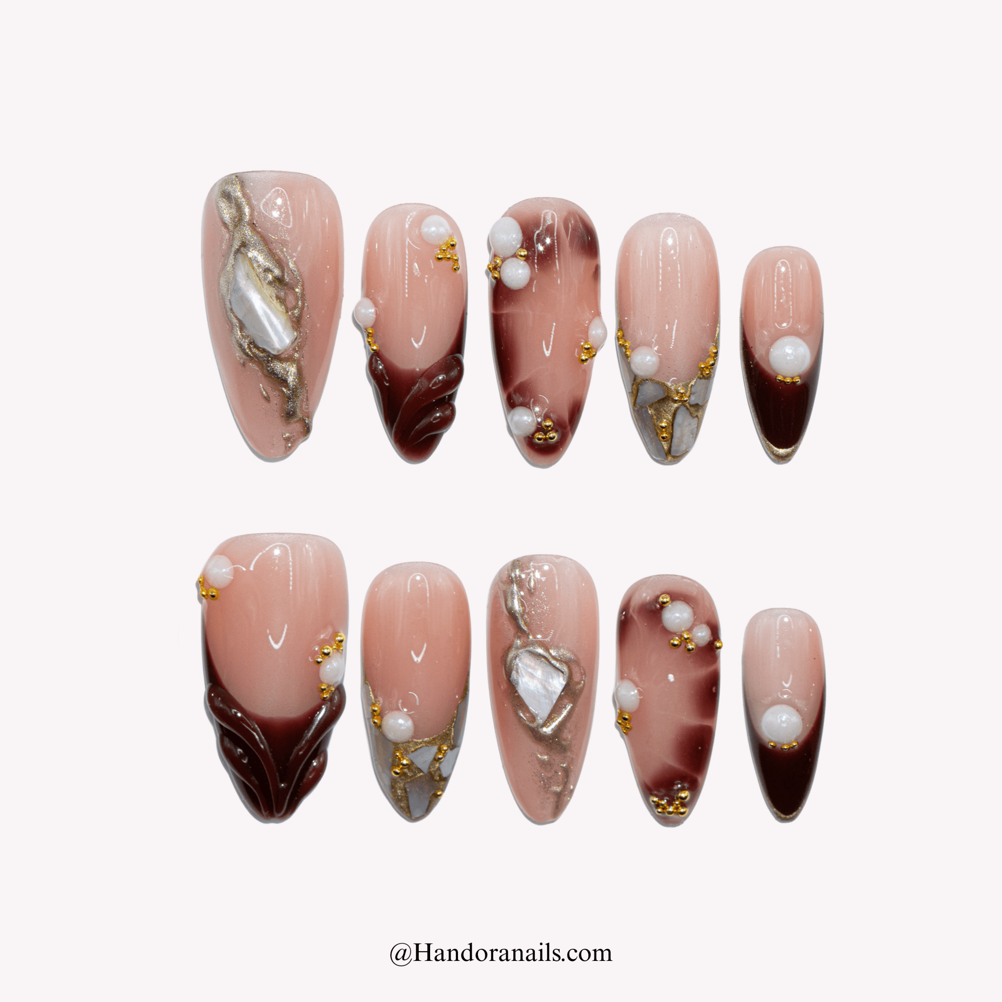 Pearl Glow white almond autumn press-on nails by Handora