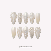 Pearl Lattice white almond 3d press-on nails by Handora