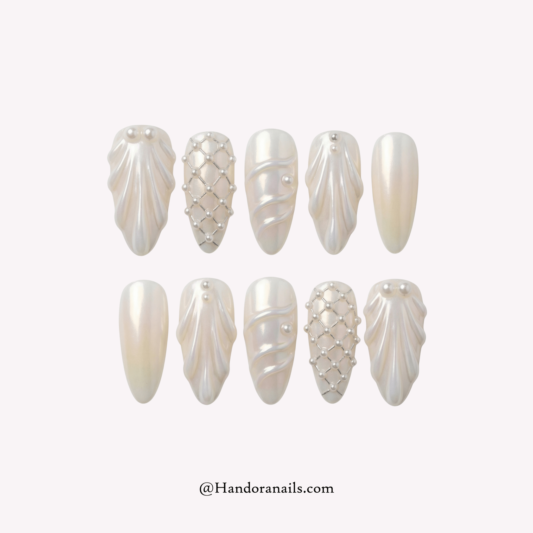 Pearl Lattice white almond 3d press-on nails by Handora