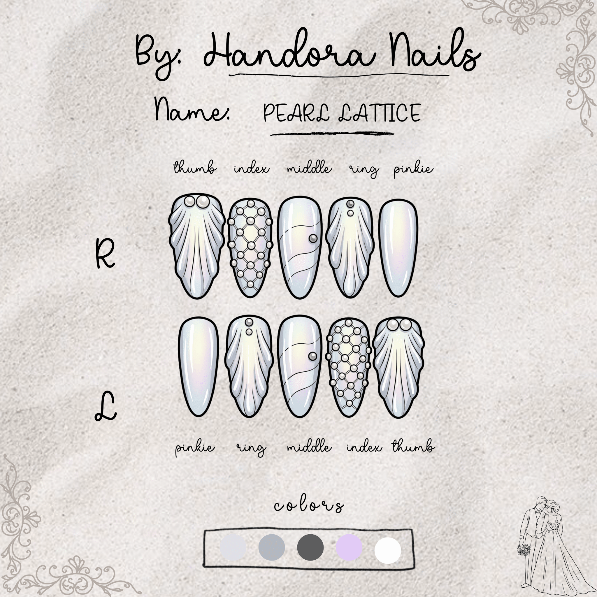 Pearl Lattice almond press-on nails – design close-up by Handora