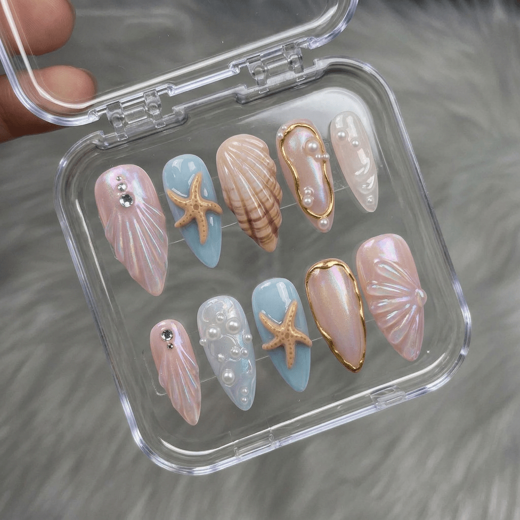 Pearl Mermaid salon-quality handmade press-on nails by Handora