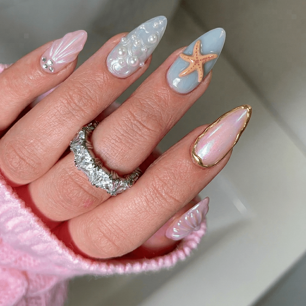 Pearl Mermaid press-on nails – hand-painted reusable gel set by Handora
