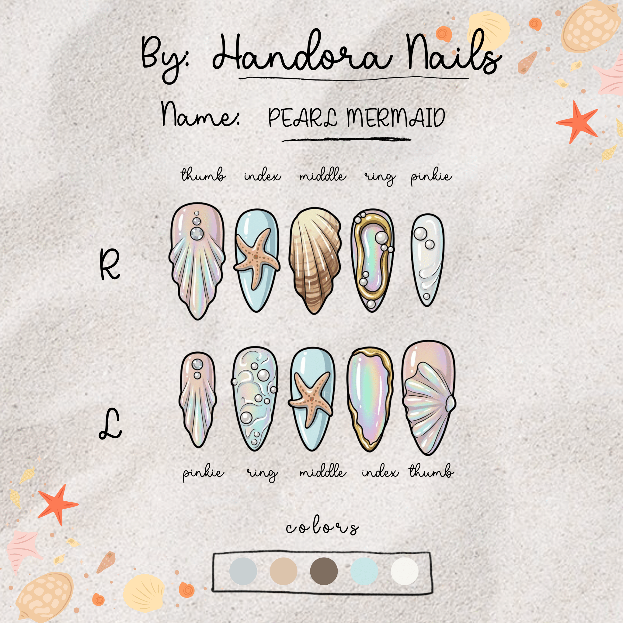 Pearl Mermaid press-on nails – hand-painted reusable gel set by Handora