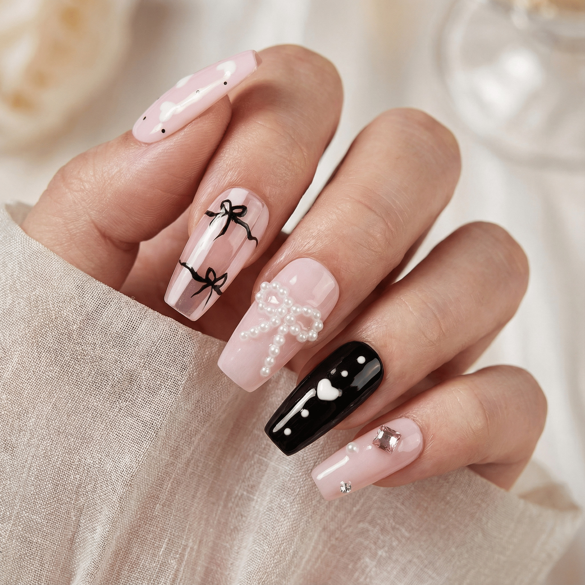 Pearl Ribbon coffin press-on nails – design close-up by Handora