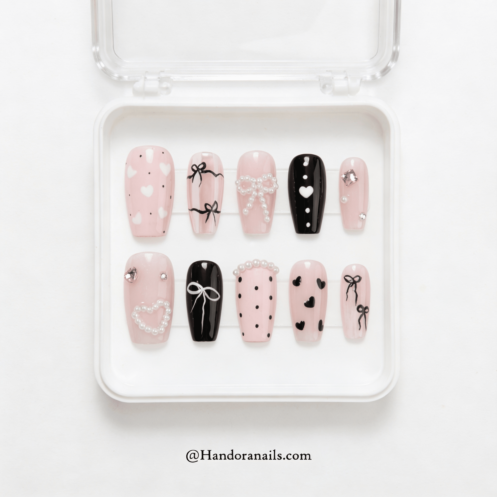 Pearl Ribbon nail design – handmade press-on nails by Handora