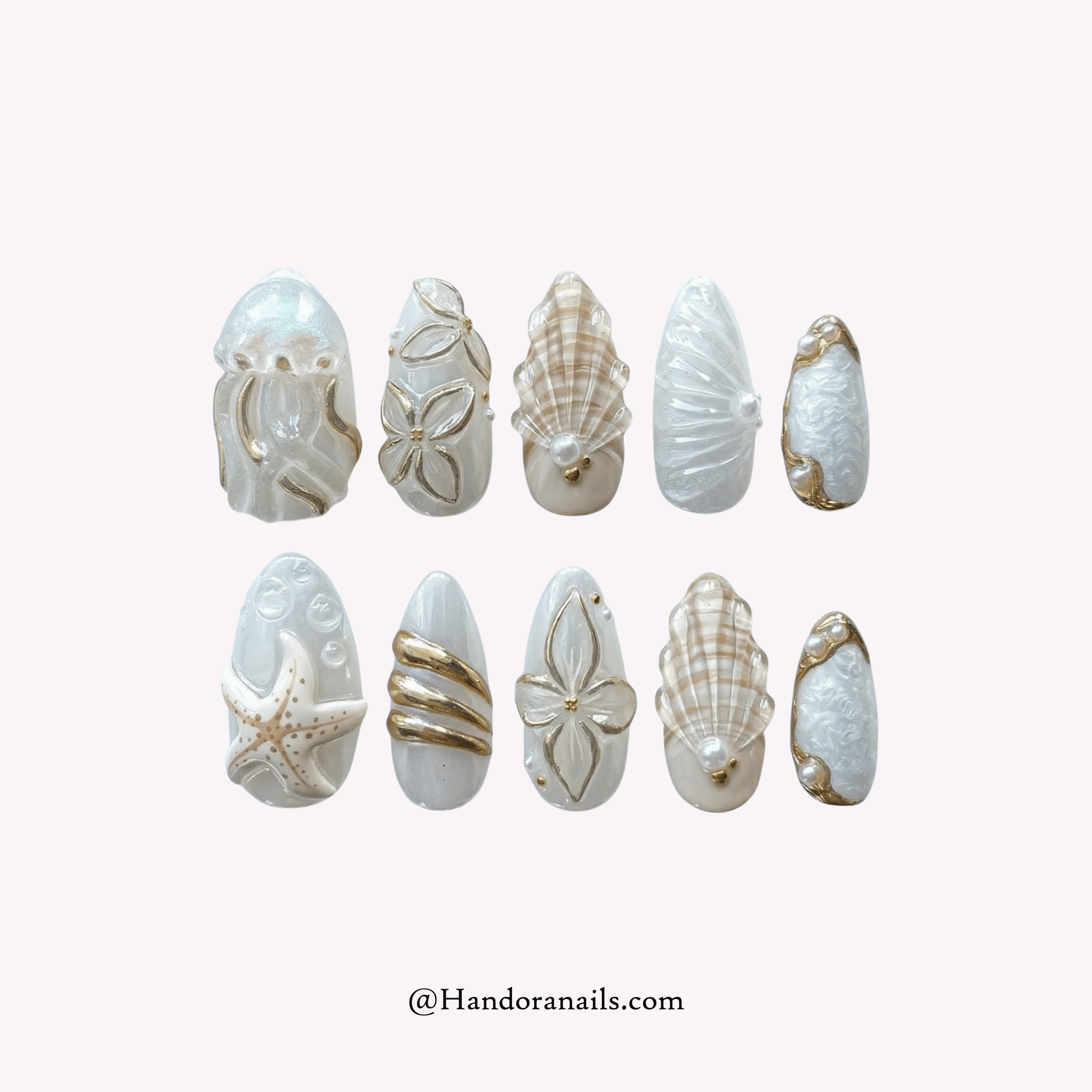 Pearl Tides white 3d press-on nails by Handora