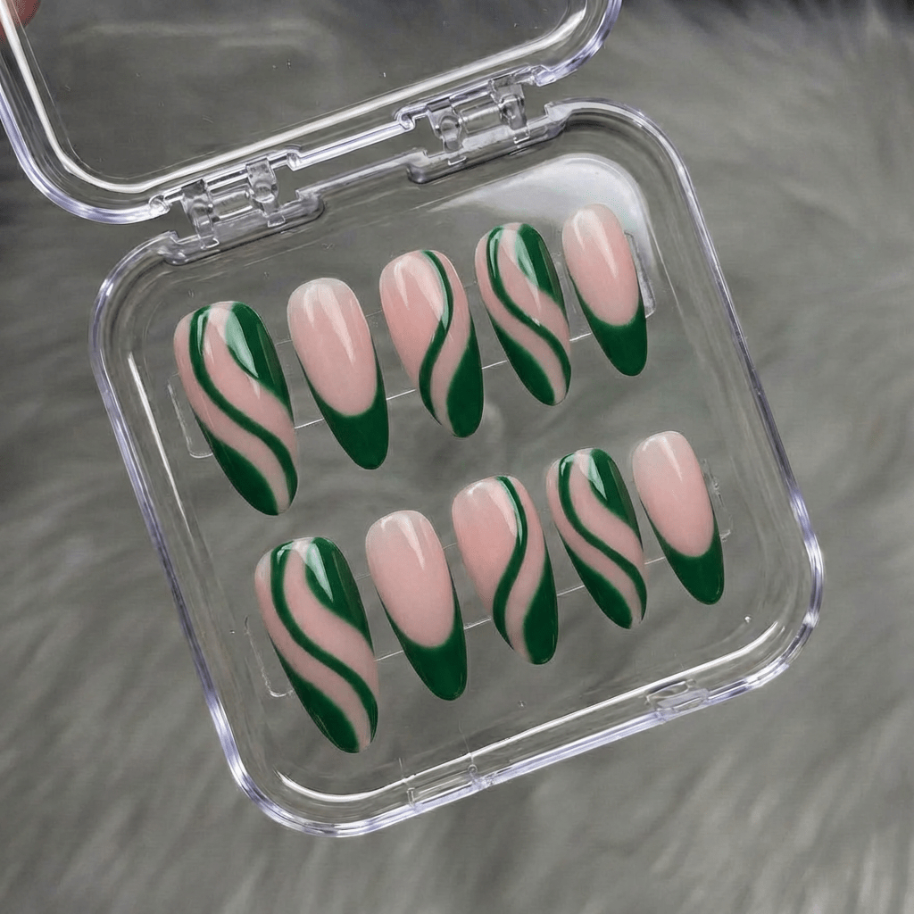 Pearl Wave press-on nails worn on hand – almond shape by Handora