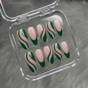 Pearl Wave press-on nails worn on hand – almond shape by Handora