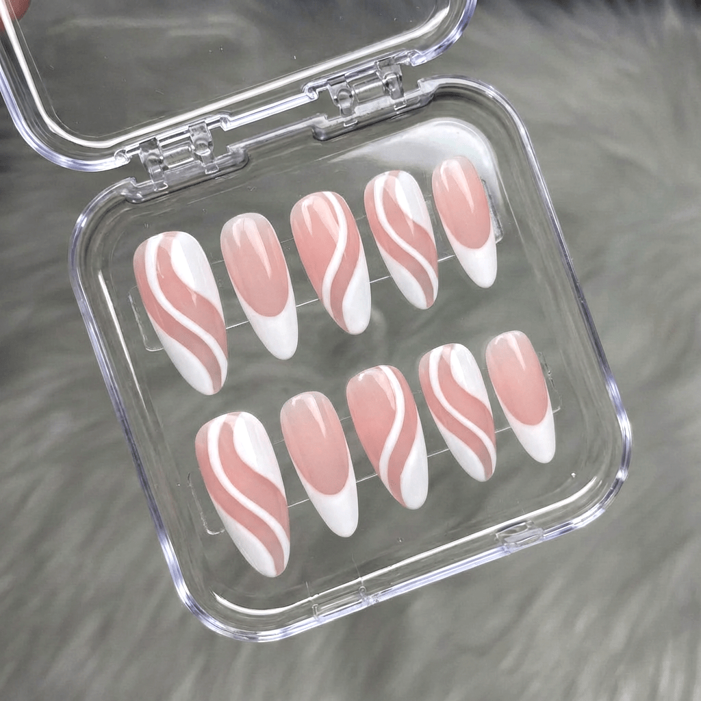 Pearl Wave press-on nails worn on hand – almond shape by Handora