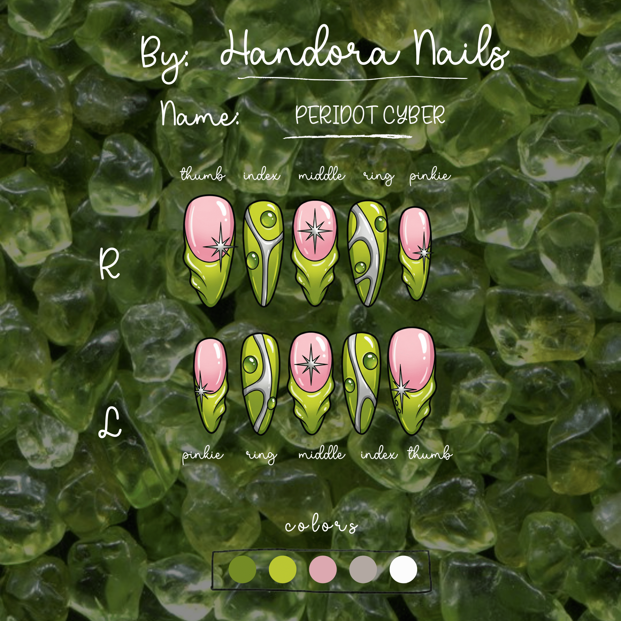 Peridot Cyber press-on nails – design close-up by Handora
