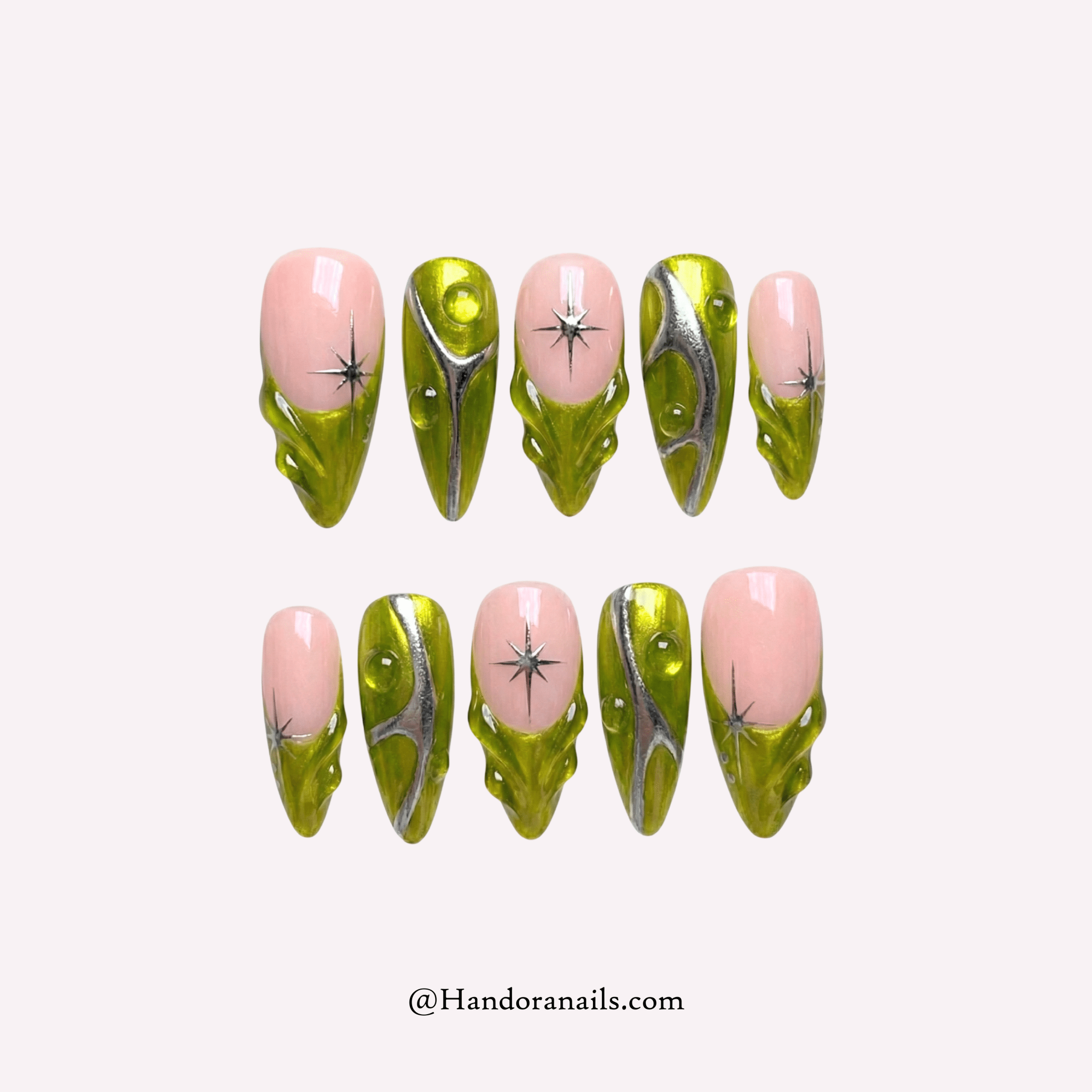 Peridot Cyber 3d press-on nails by Handora