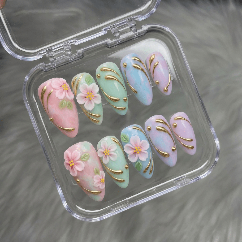 Petal Aura press-on nails worn on hand – almond shape by Handora
