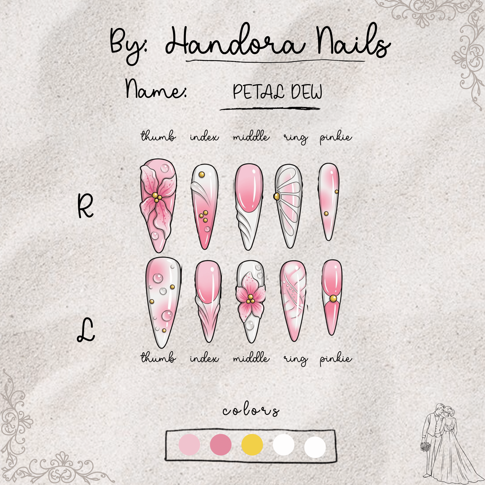 Petal Dew stiletto press-on nails – design close-up by Handora