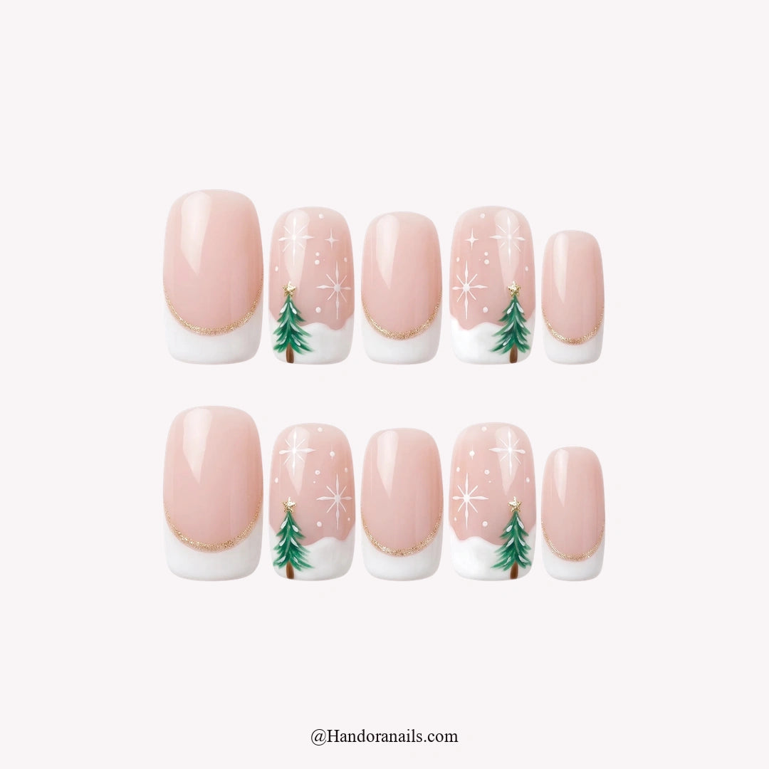 Pine Twinkle Christmas press-on nails - full set on white background by Handora Nails