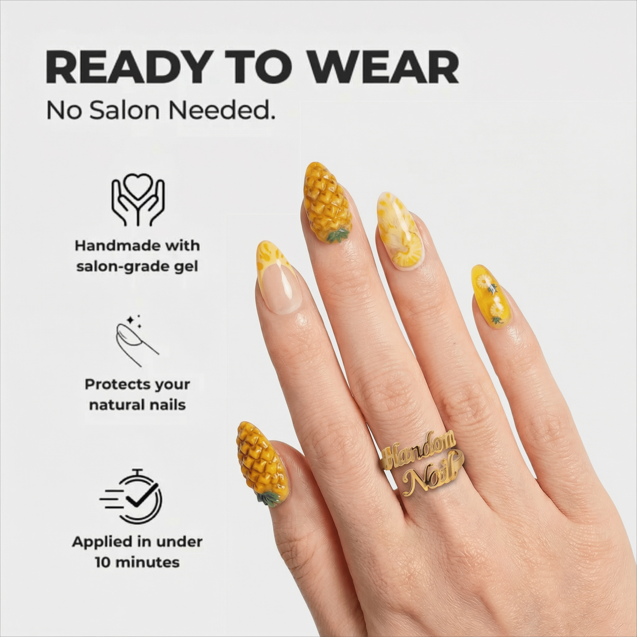 Pineapple Paradise press-on nails – design close-up by Handora