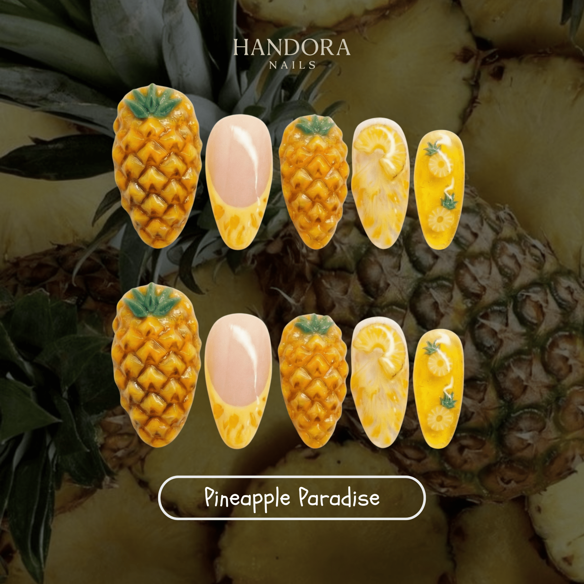 Pineapple Paradise press-on nails – hand-painted reusable gel set by Handora