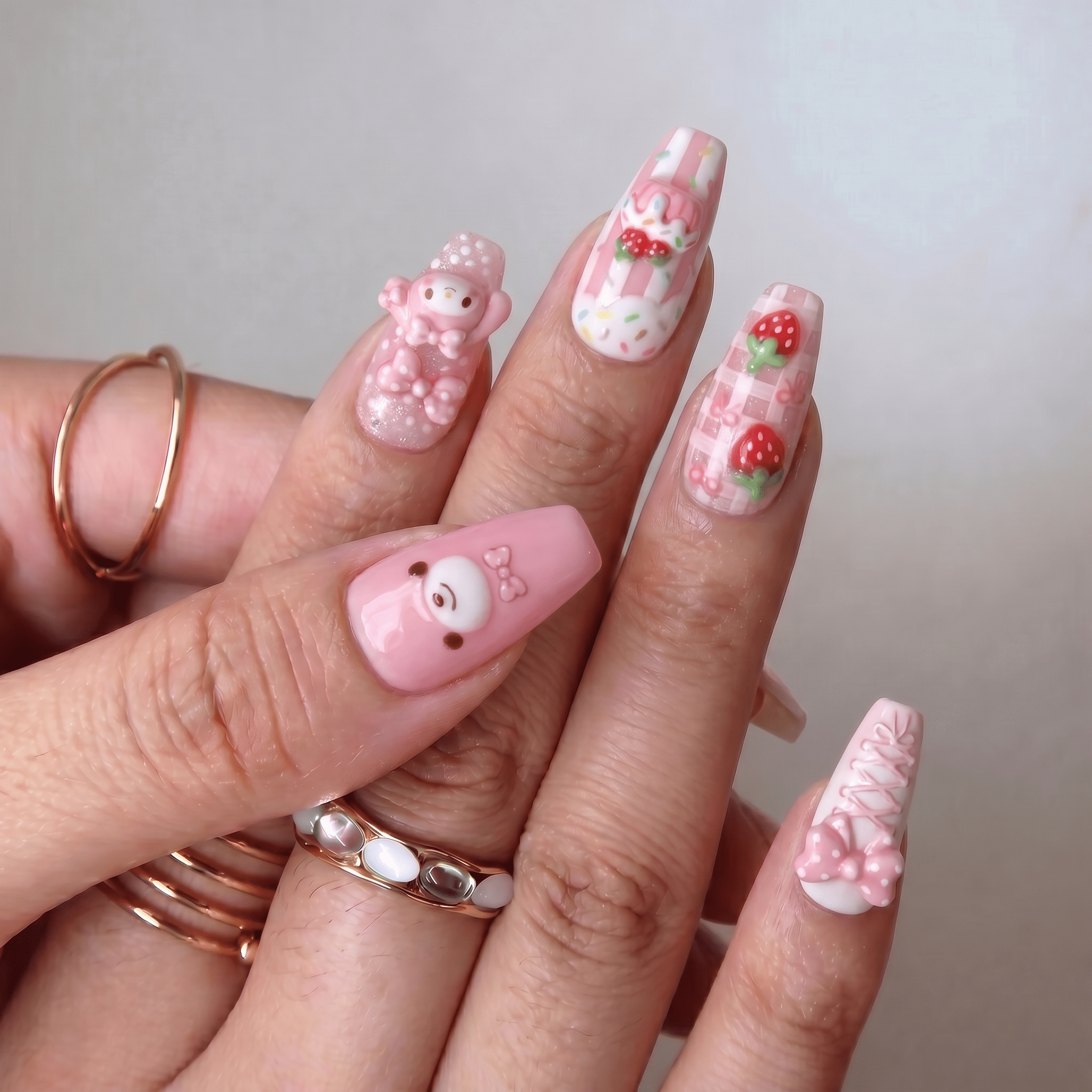 Pink Bunny coffin press-on nails – design close-up by Handora