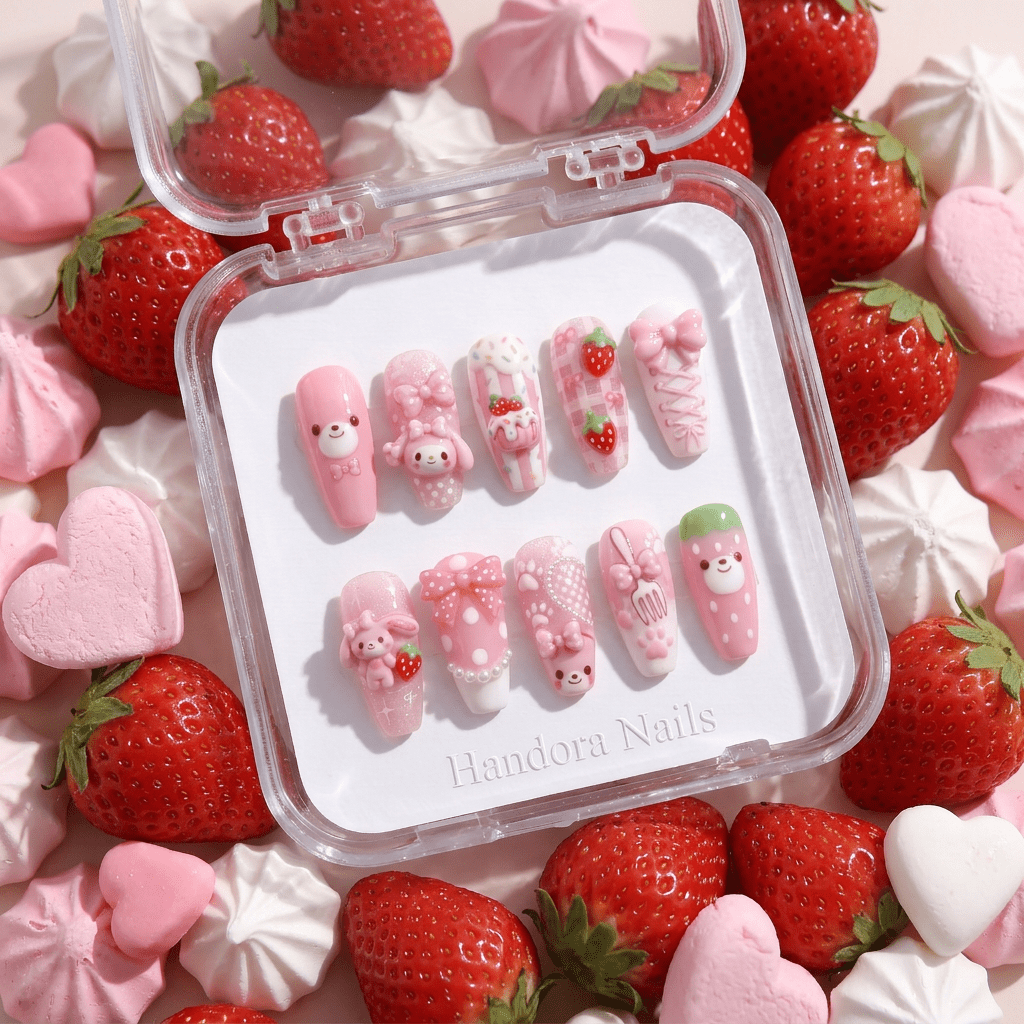 Pink Bunny kawaii nail design – handmade press-on nails by Handora