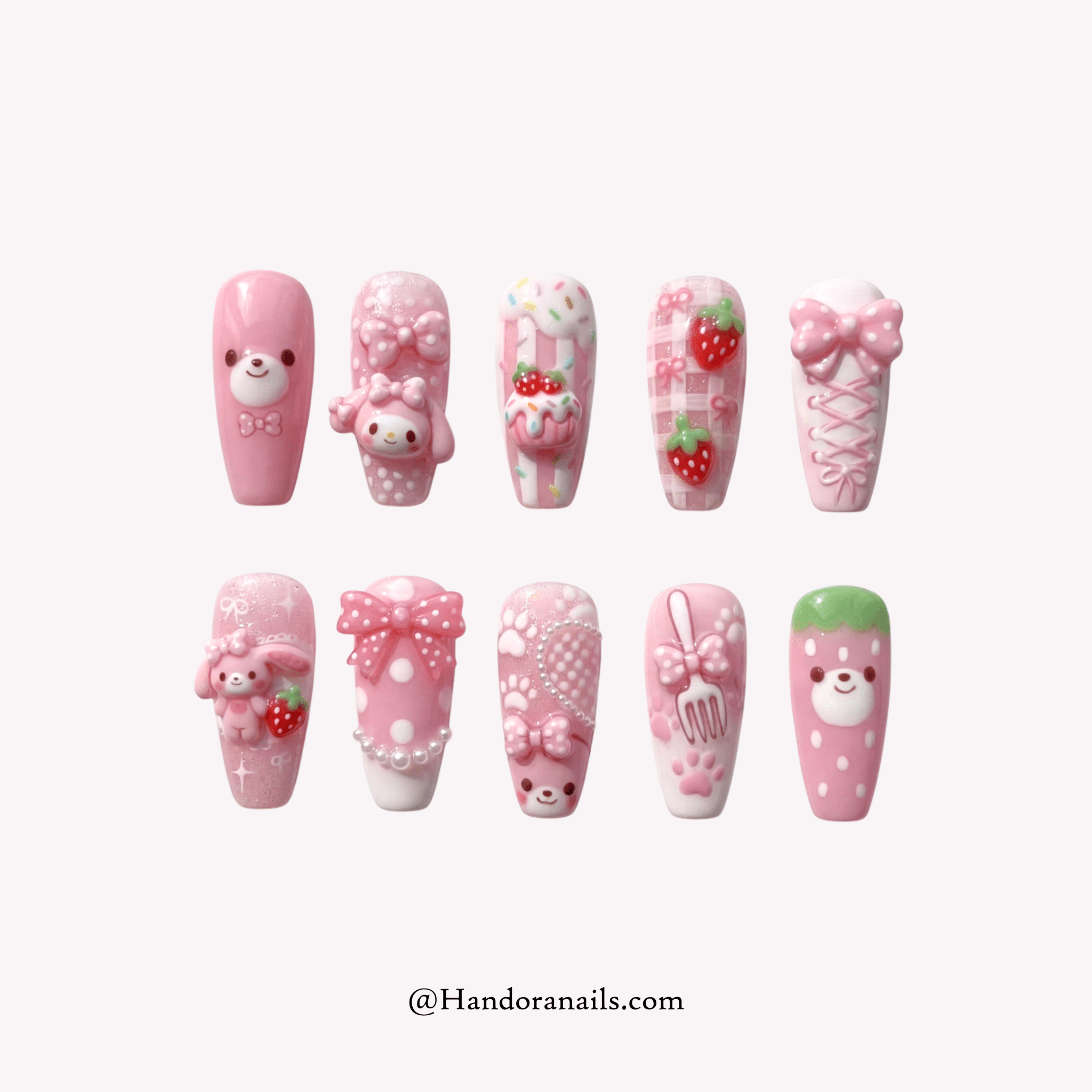 Pink Bunny pink coffin kawaii press-on nails by Handora