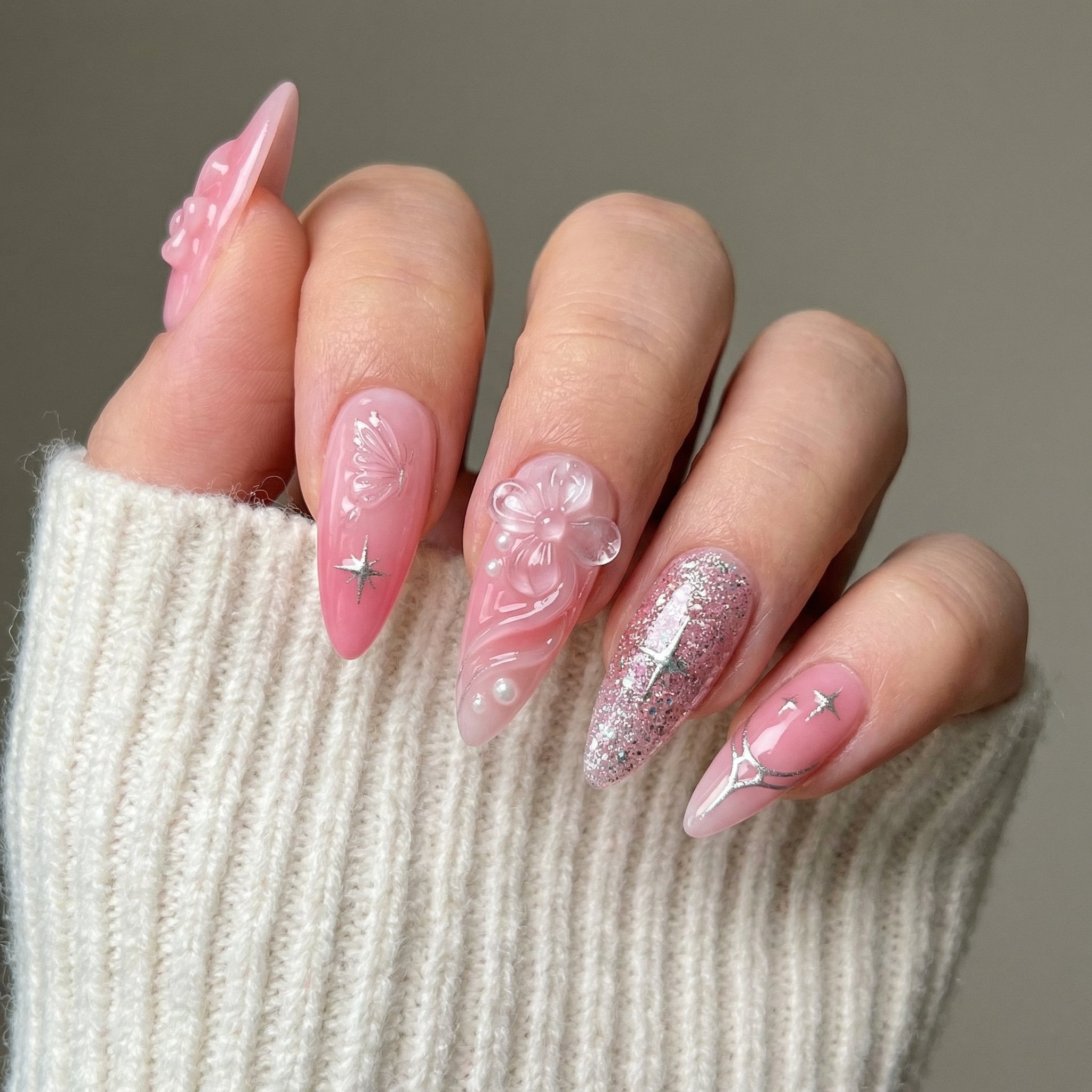 Pink Coquette press-on nails – hand-painted reusable gel set by Handora