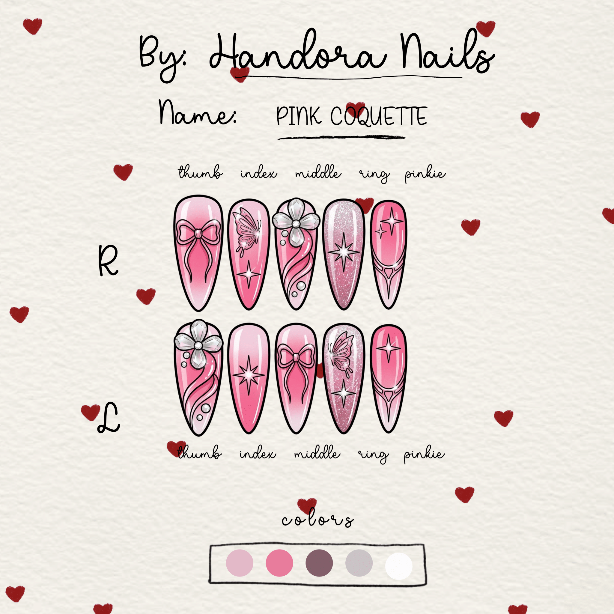 Pink Coquette press-on nails – design close-up by Handora