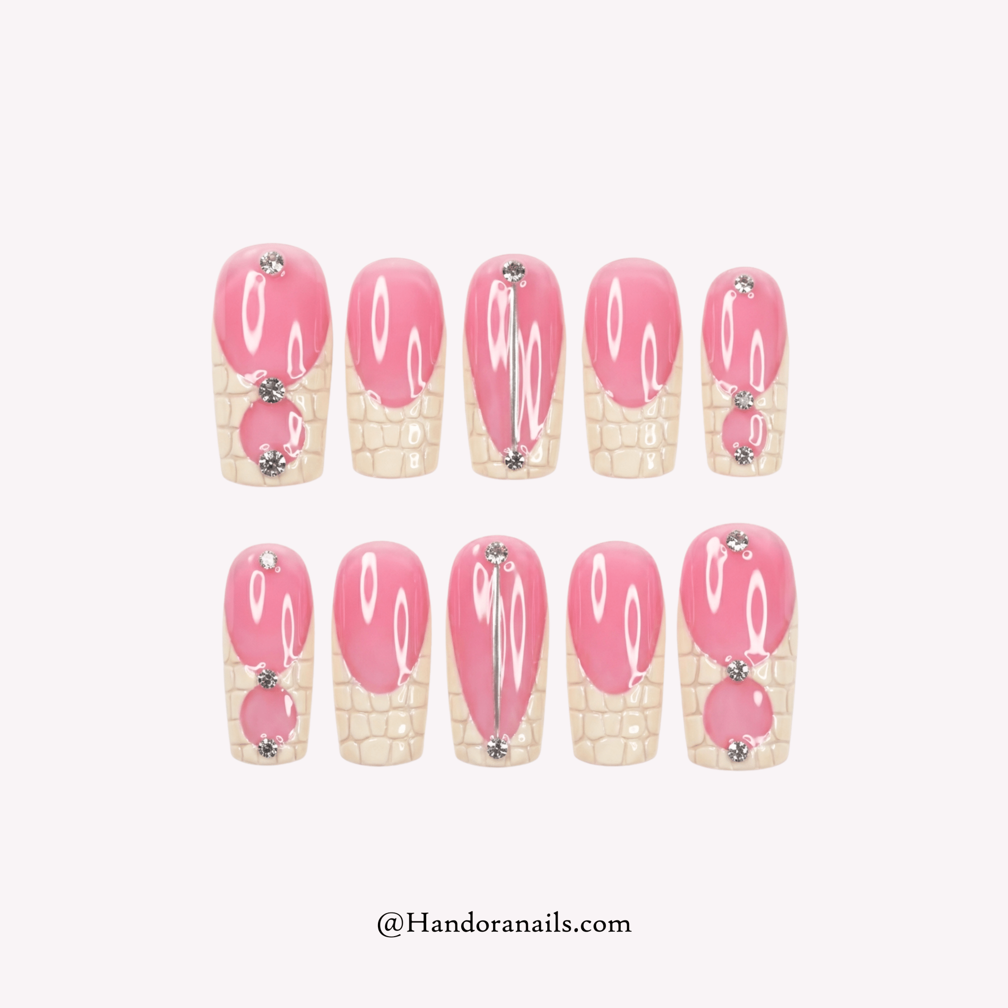 Pink Croc pink square crystal press-on nails by Handora