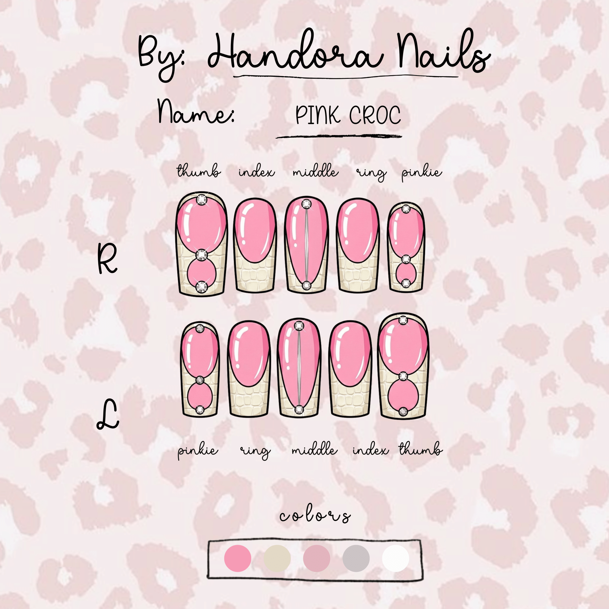 Pink Croc crystal nail design – handmade press-on nails by Handora