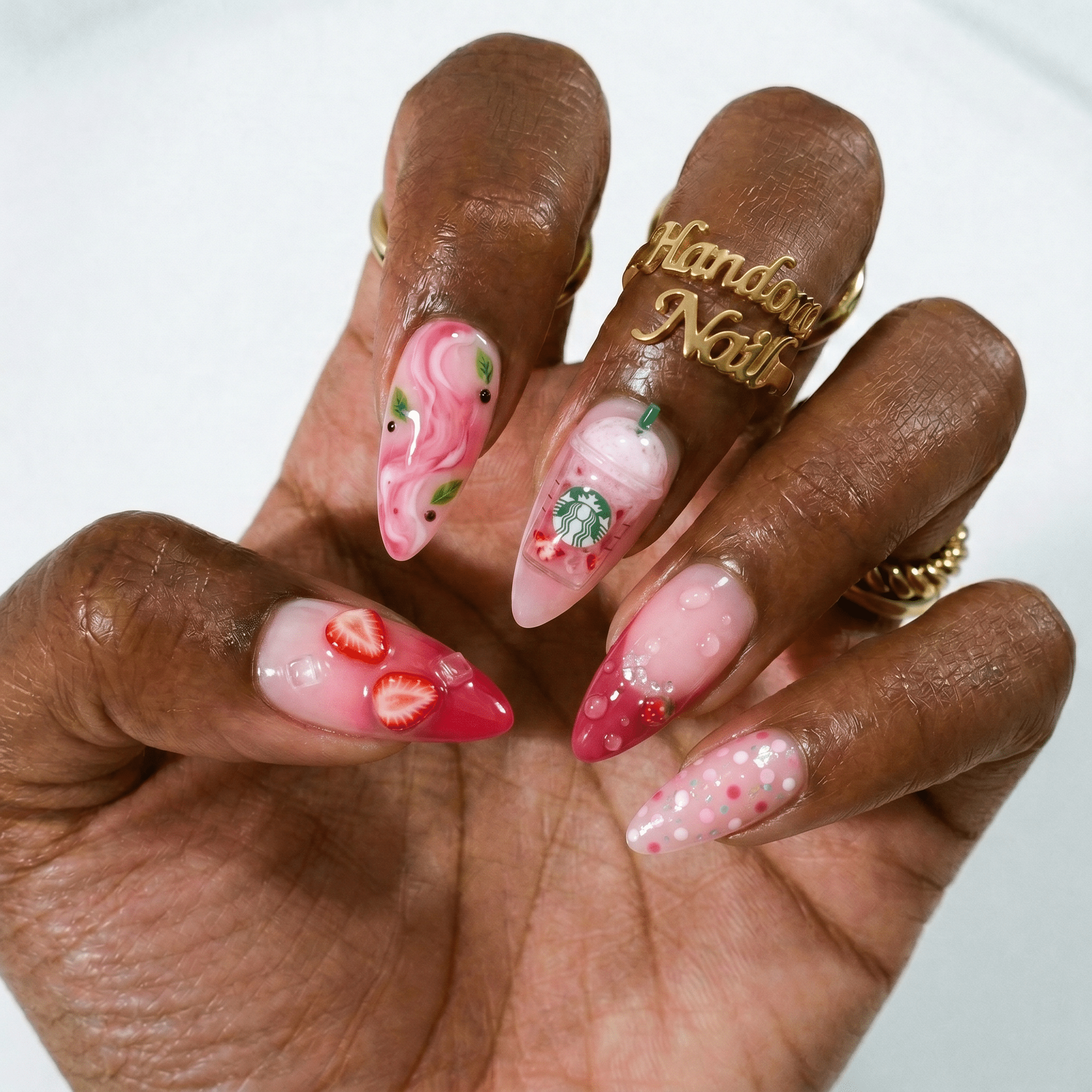 Pink Drink almond press-on nails – design close-up by Handora