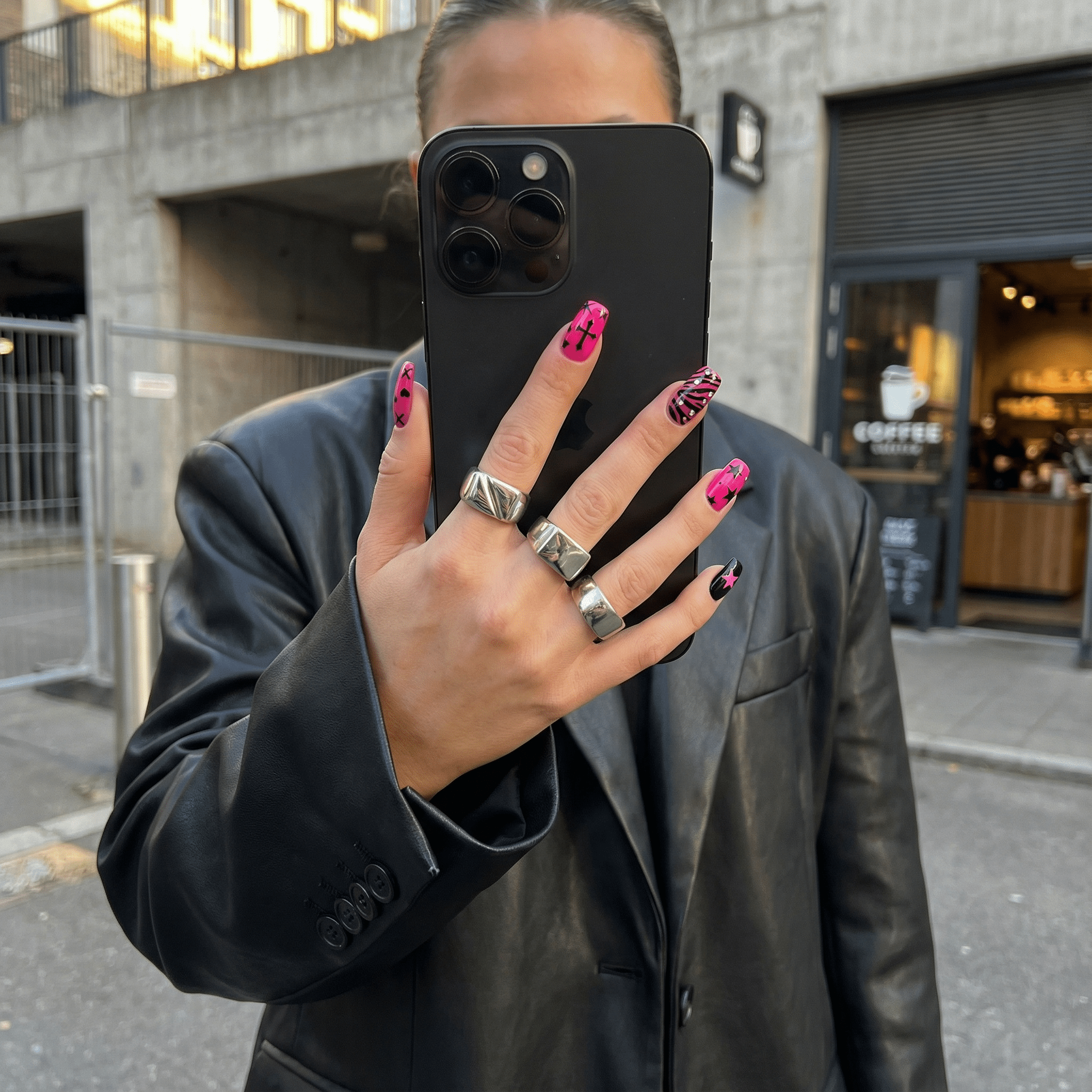 Pink Gothcore press-on nails – hand-painted reusable gel set by Handora